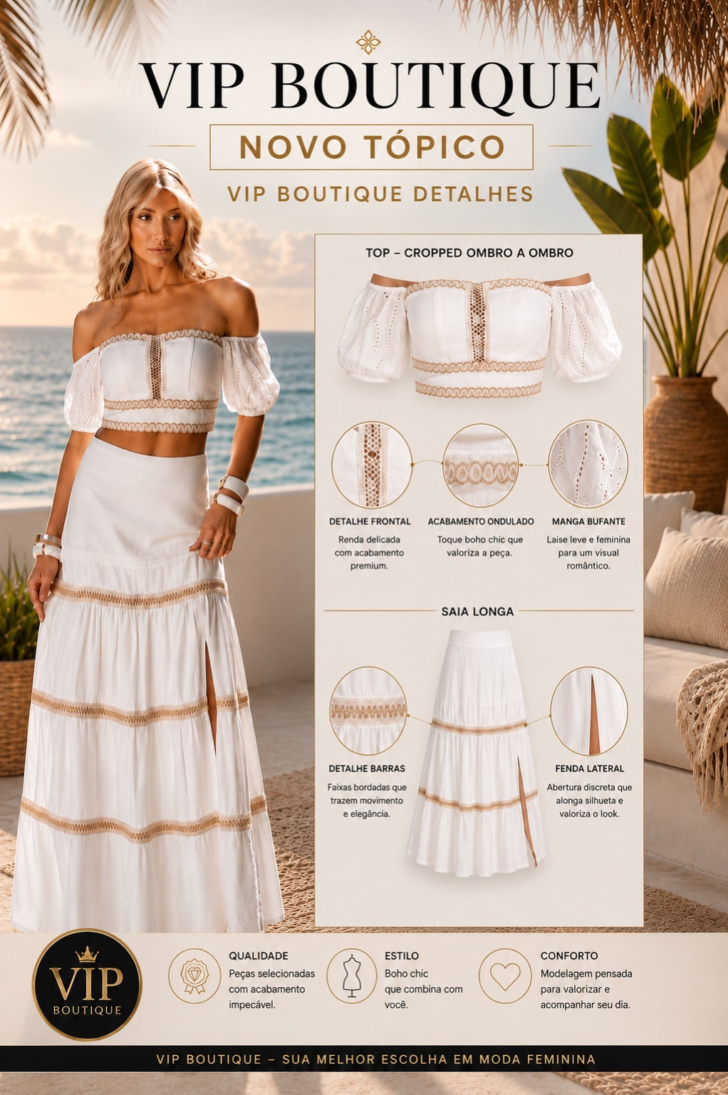 Conjunto branco cropped e saia longa - Coming Soon