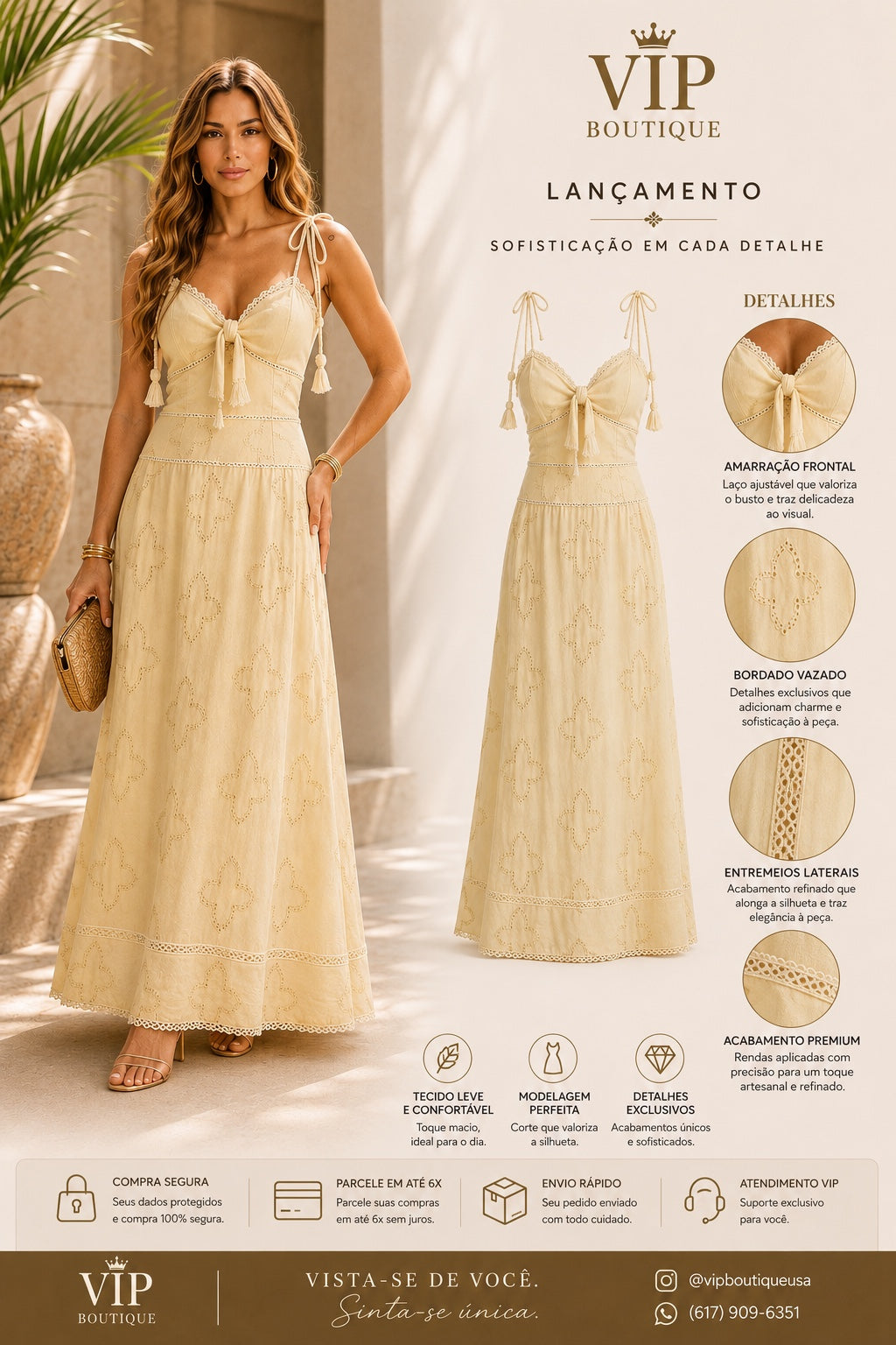 Vestido longo bege bordado - Coming Soon