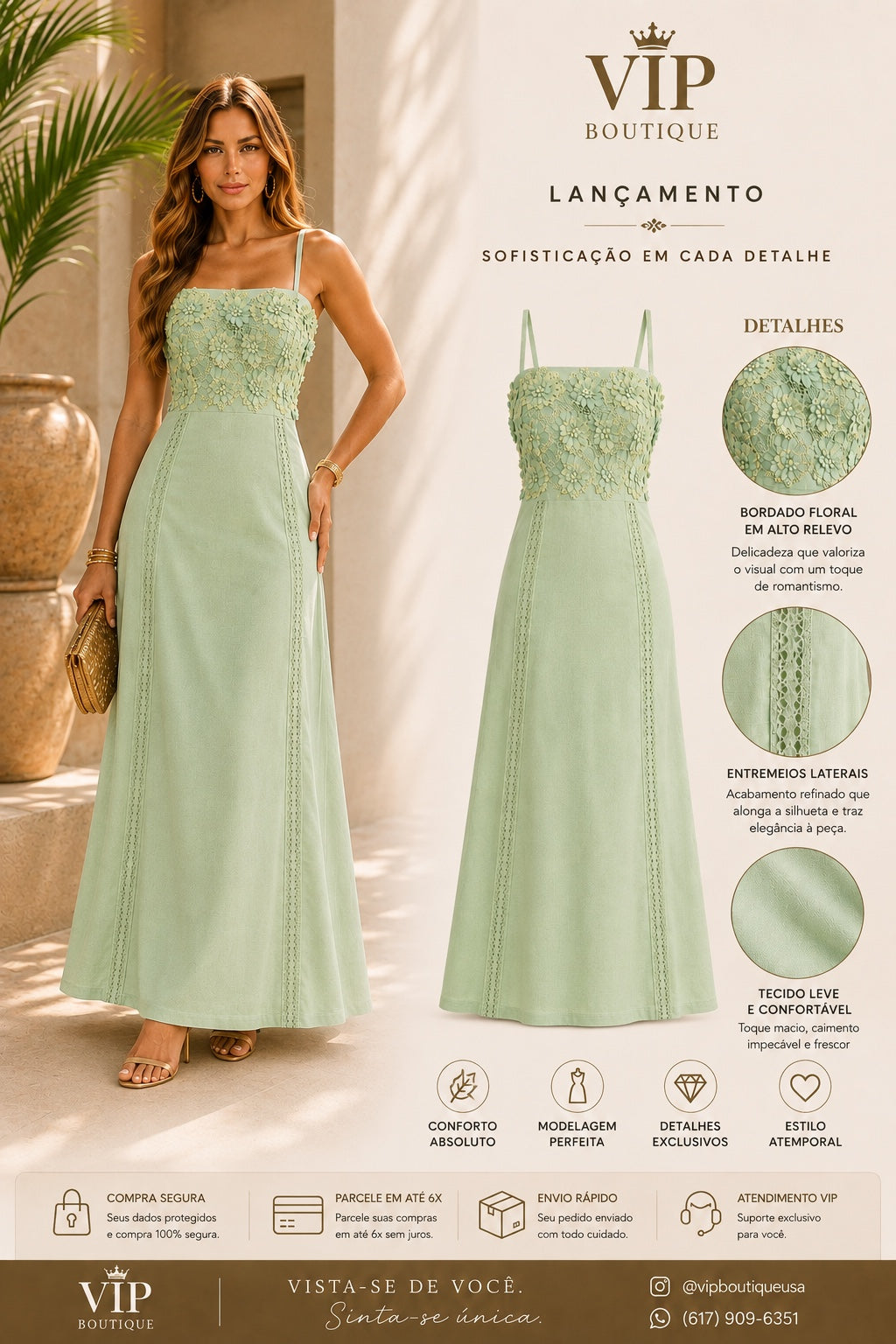 Vestido longo verde com bordado floral - Coming Soon